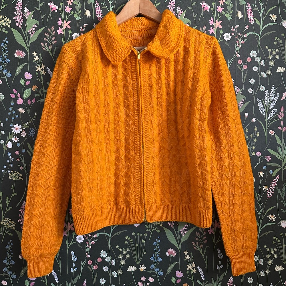 Vintage 60s 70s Yellow Orange Hand Knit Cardigan